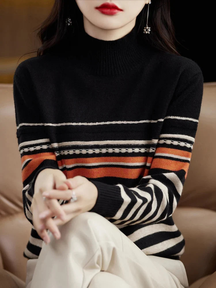 Rowena | Striped Wool-Blend Sweater With High Collar