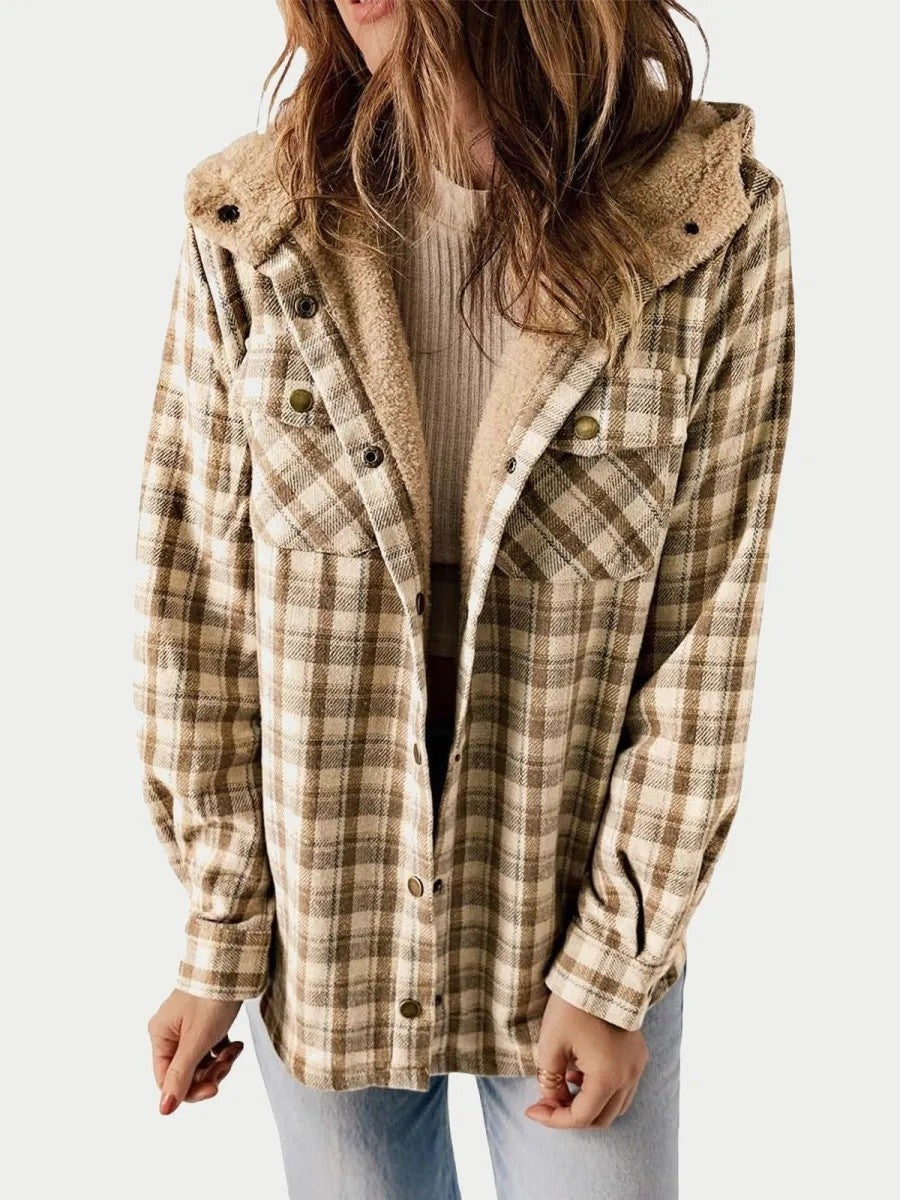 Estelle | Hooded Plaid Jacket With Sherpa Trim