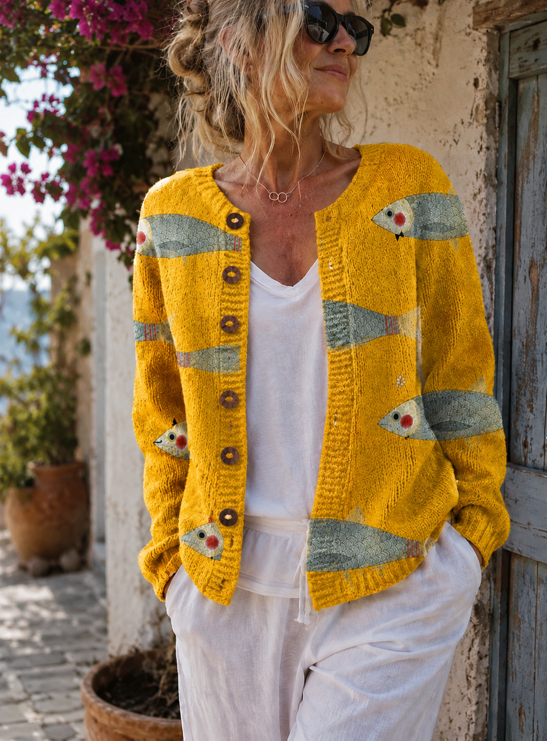 Sylvia | Fish Print Button-Front Cardigan