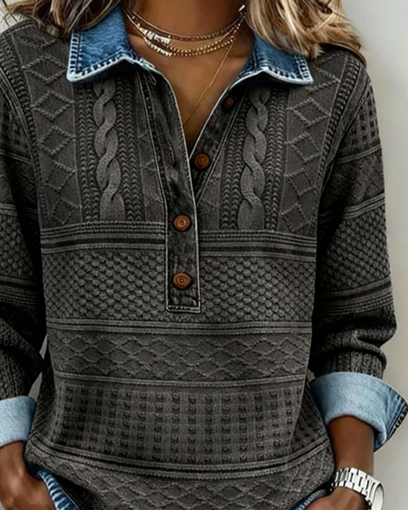 Daisy | Half-Button Sweatshirt With Denim-Look Collar