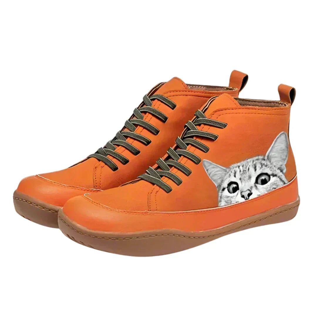 Tamsin | Lace-Up Ankle Boots With Cat Print