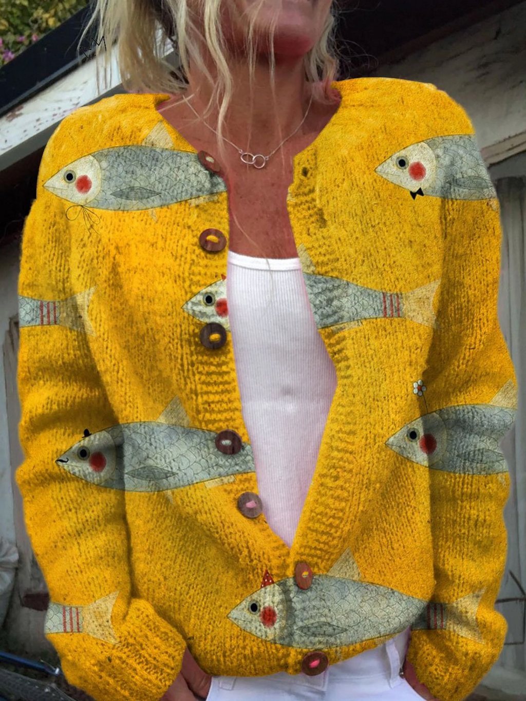 Sylvia | Fish Print Button-Front Cardigan