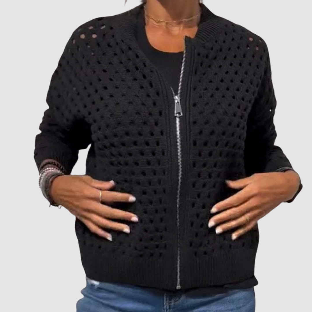 Jill | Open-Knit Zip-Up Cardigan With Ribbed Trim