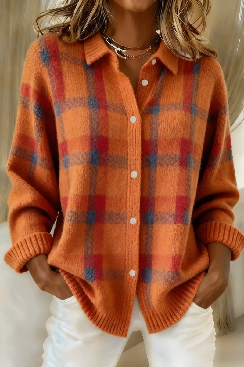 Lucille | Checked Knit Cardigan With Shirt Collar