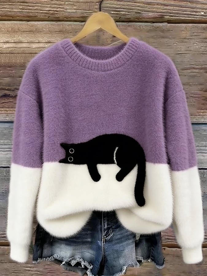 Darcy | Color-Block Sweater With Cat Motif