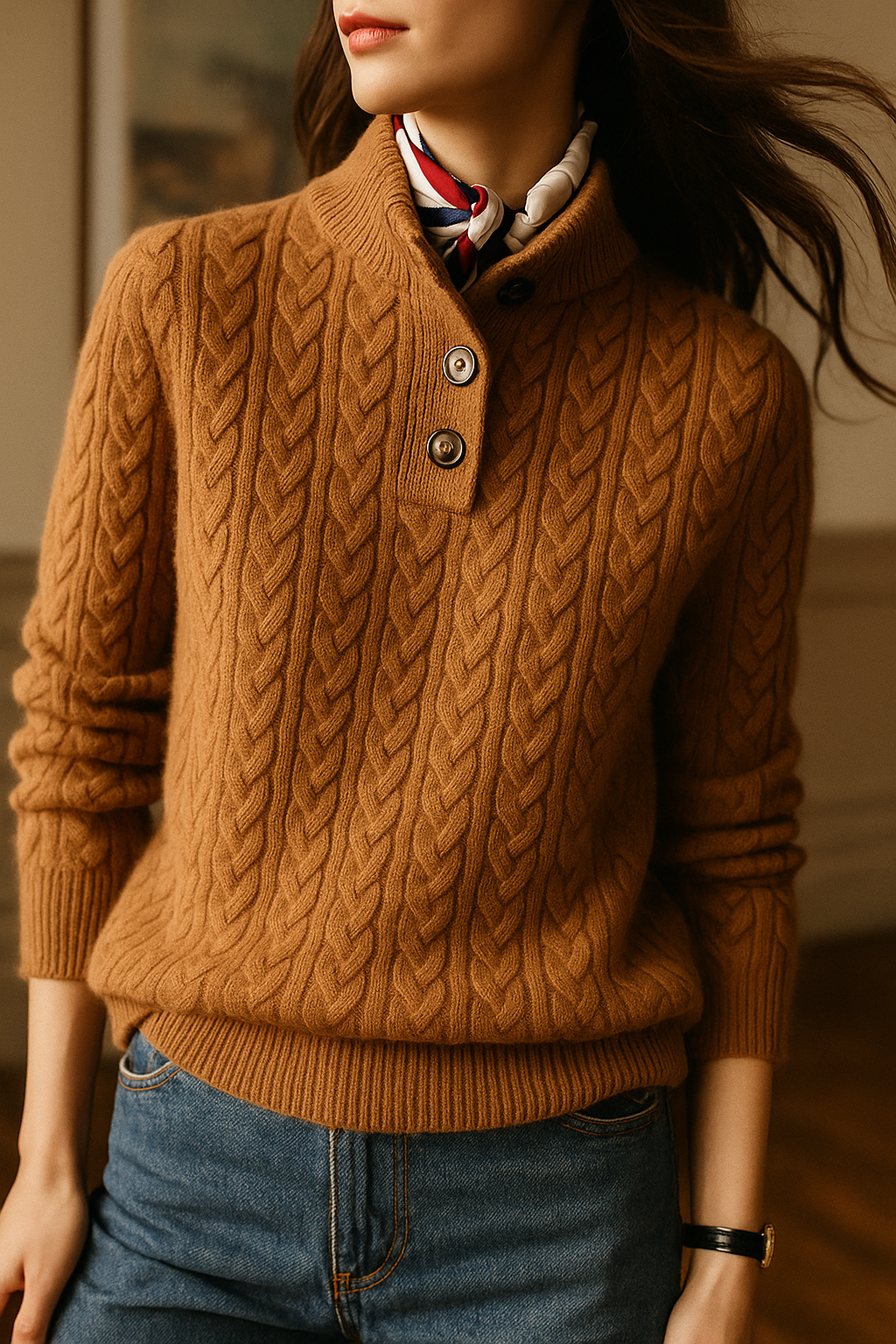 Rosa | Cable Knit Sweater With Button Placket