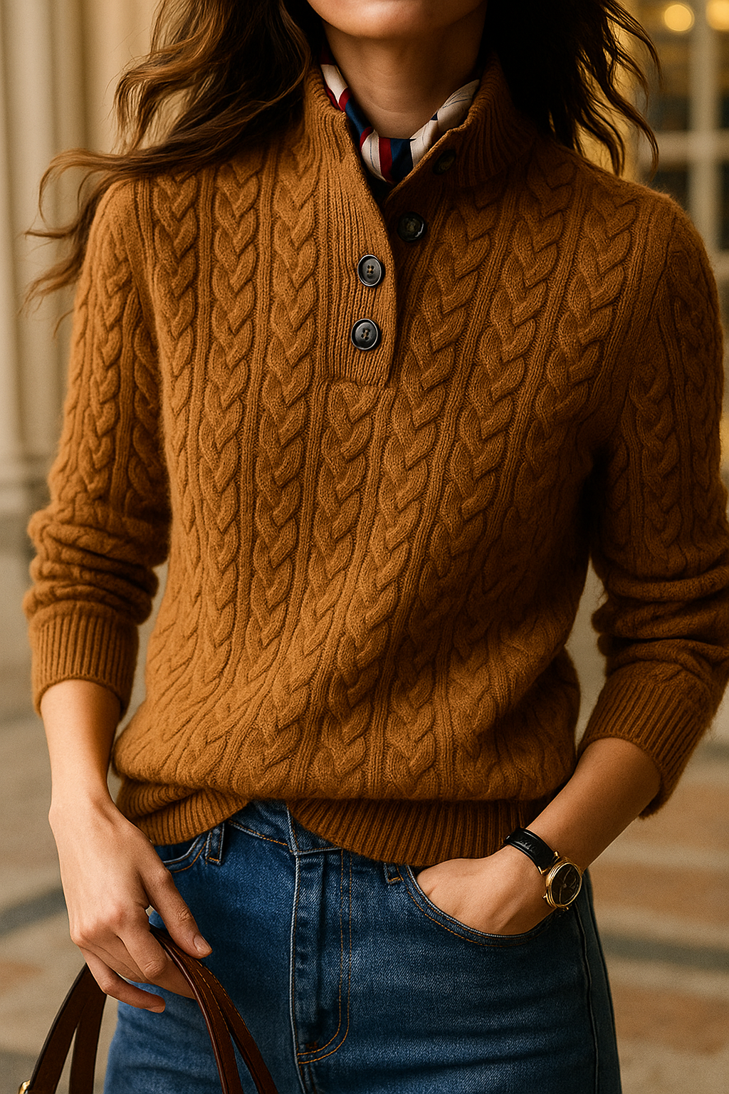 Rosa | Cable Knit Sweater With Button Placket