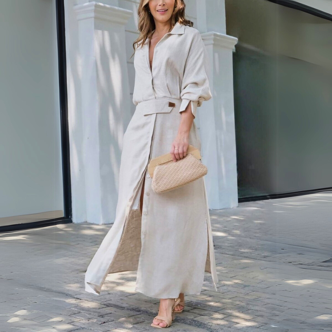 Mabel | Linen Maxi Shirt Dress With Tie Belt
