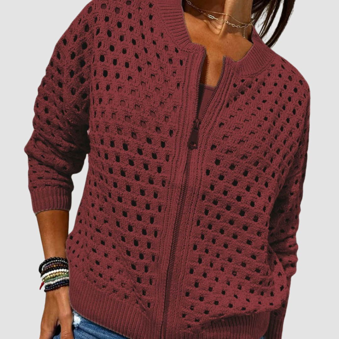 Jill | Open-Knit Zip-Up Cardigan With Ribbed Trim