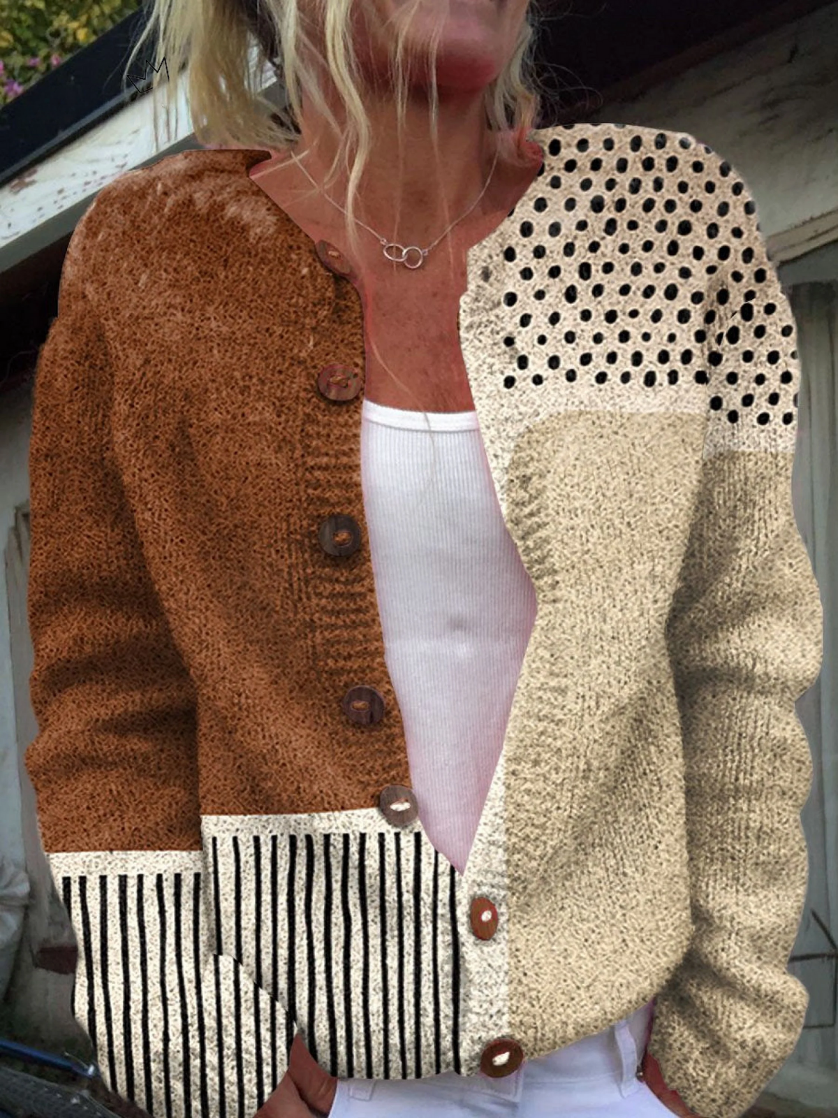 Sara | Colorblock Button-Front Cardigan With Dot Detail
