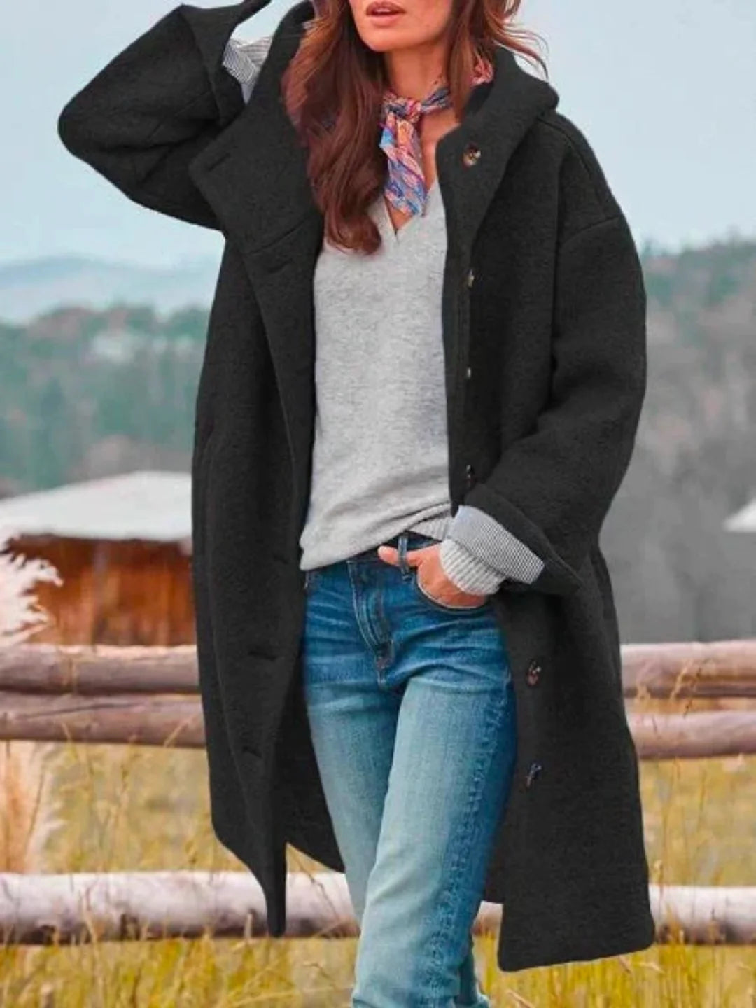 Andrea | Textured Hooded Coat With Button Front