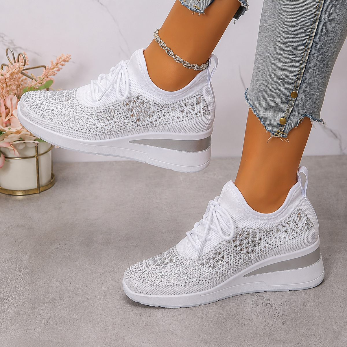 Lucia | Sparkle Wedge Sneakers With Lace-Up Front