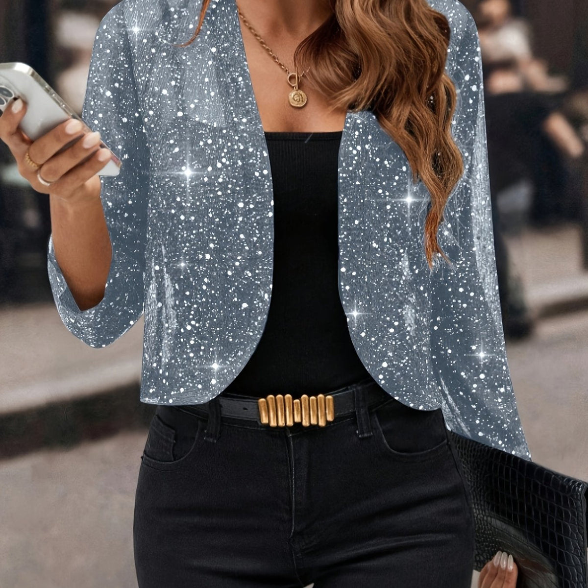 Aubrey | Shimmer Cropped Jacket With Open Front
