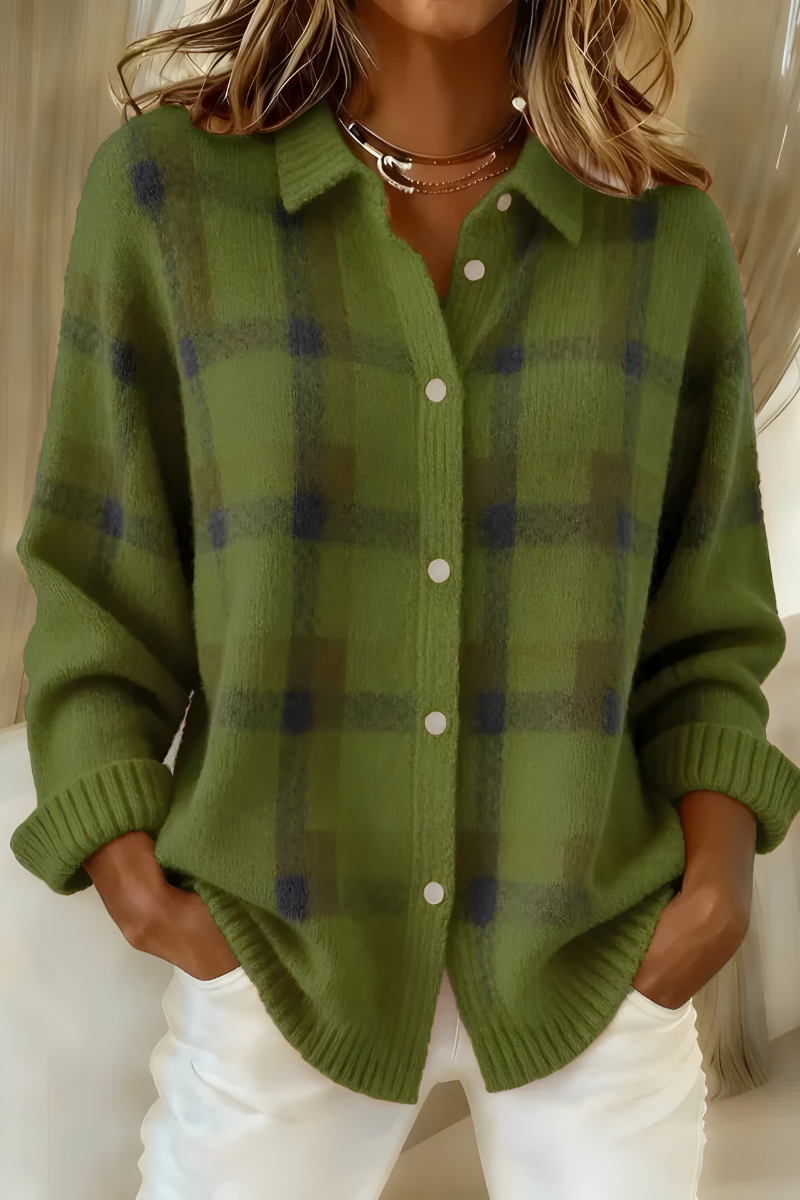 Lucille | Checked Knit Cardigan With Shirt Collar