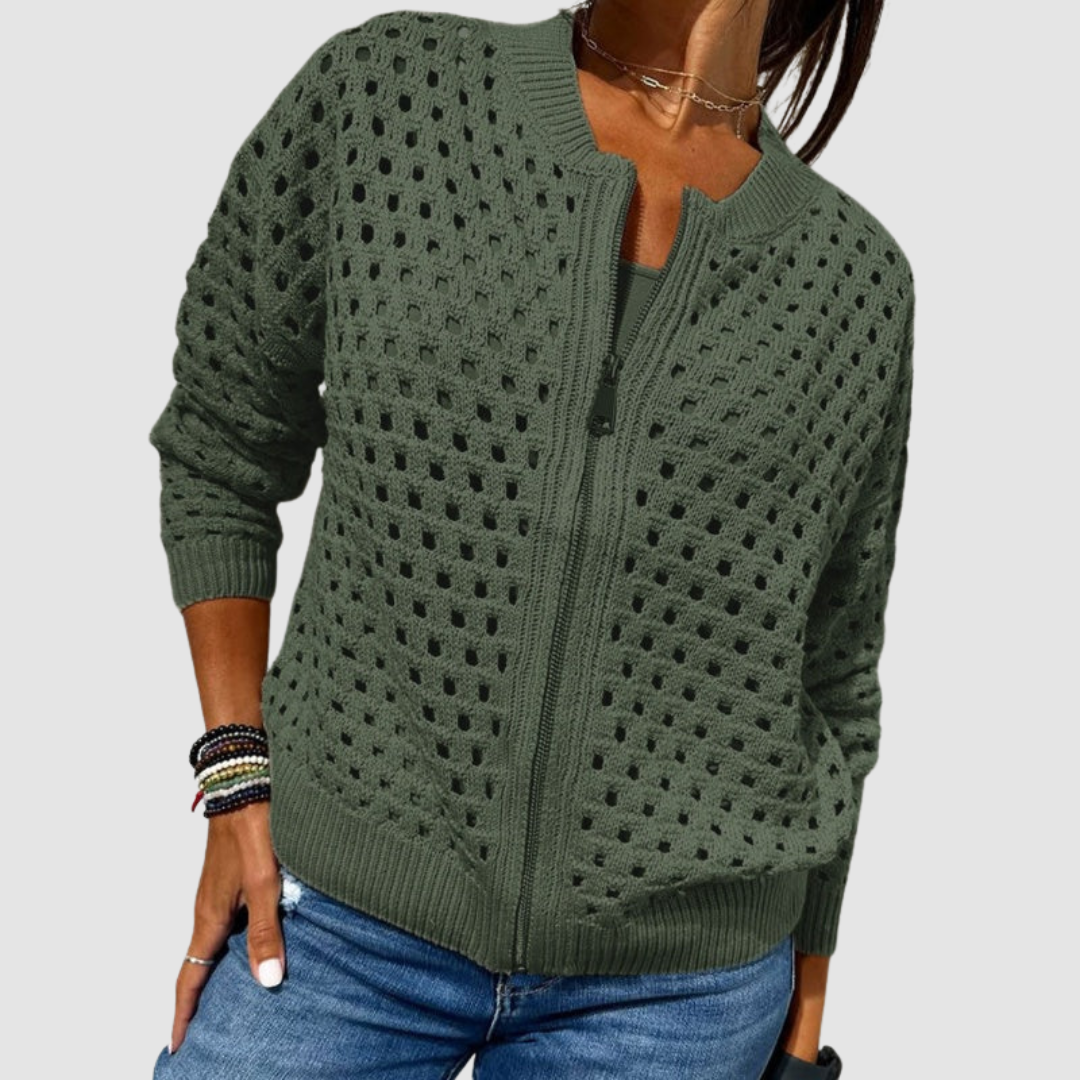 Jill | Open-Knit Zip-Up Cardigan With Ribbed Trim