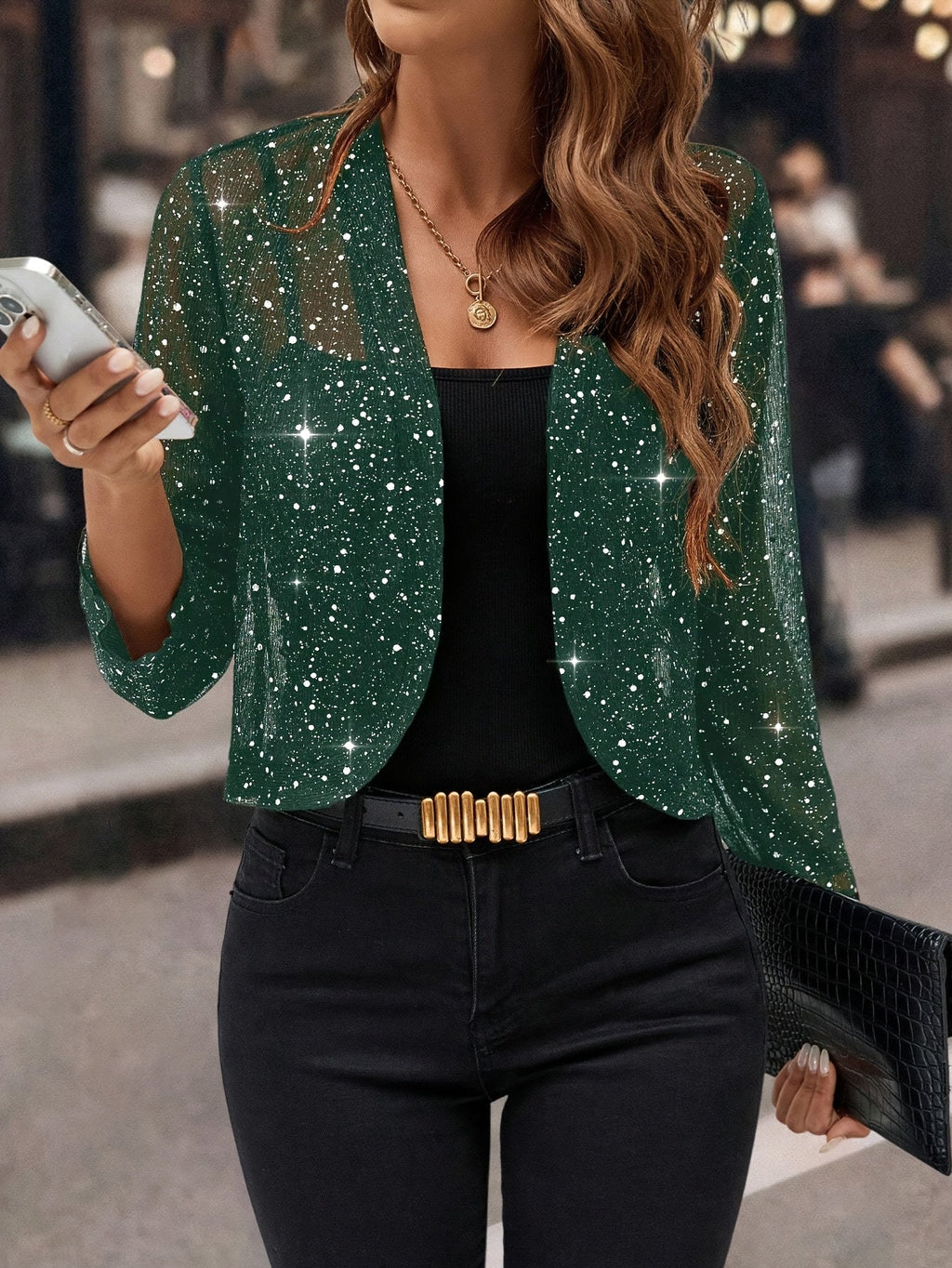 Aubrey | Shimmer Cropped Jacket With Open Front