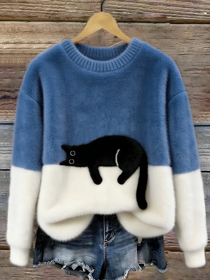 Darcy | Color-Block Sweater With Cat Motif