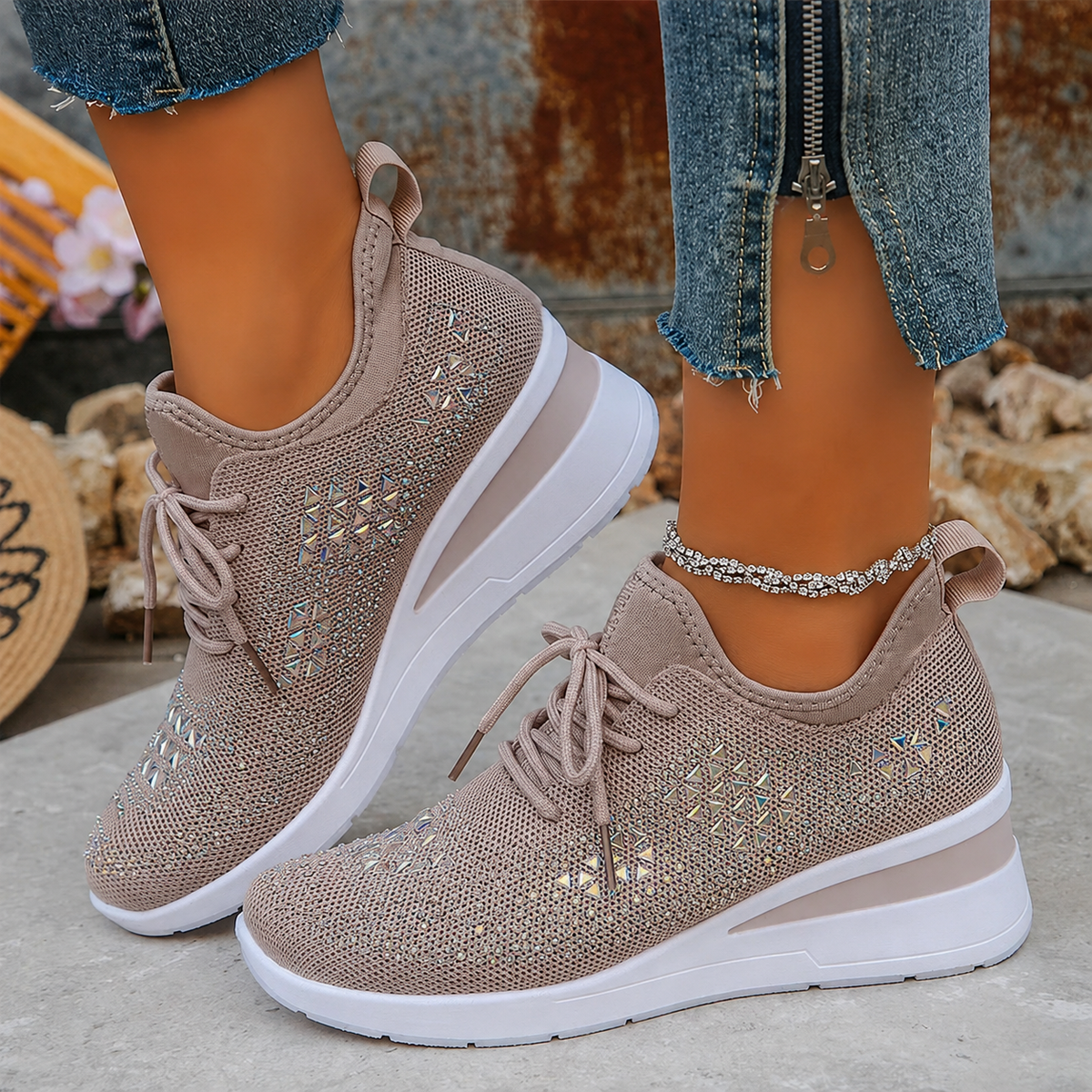 Lucia | Sparkle Wedge Sneakers With Lace-Up Front