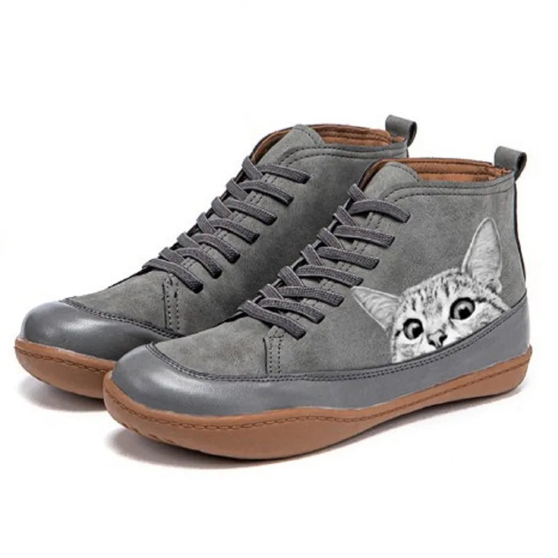 Tamsin | Lace-Up Ankle Boots With Cat Print