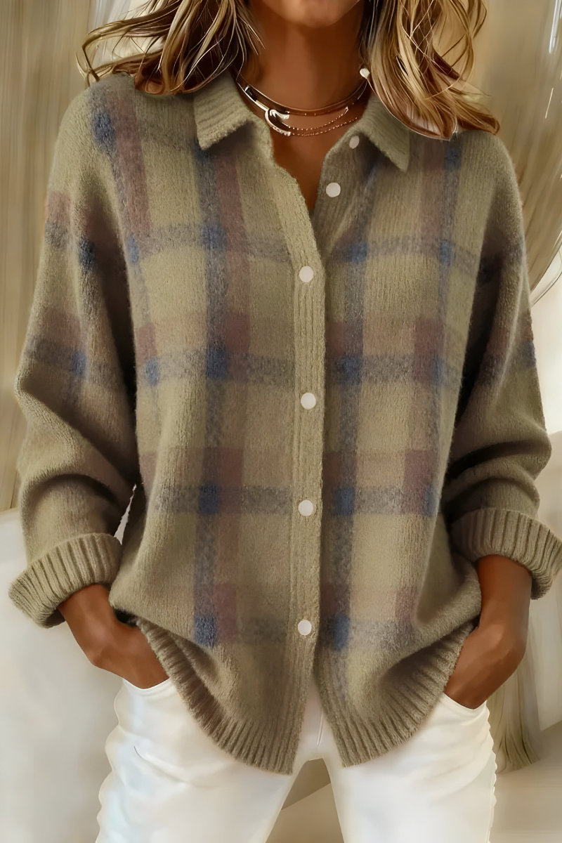 Lucille | Checked Knit Cardigan With Shirt Collar