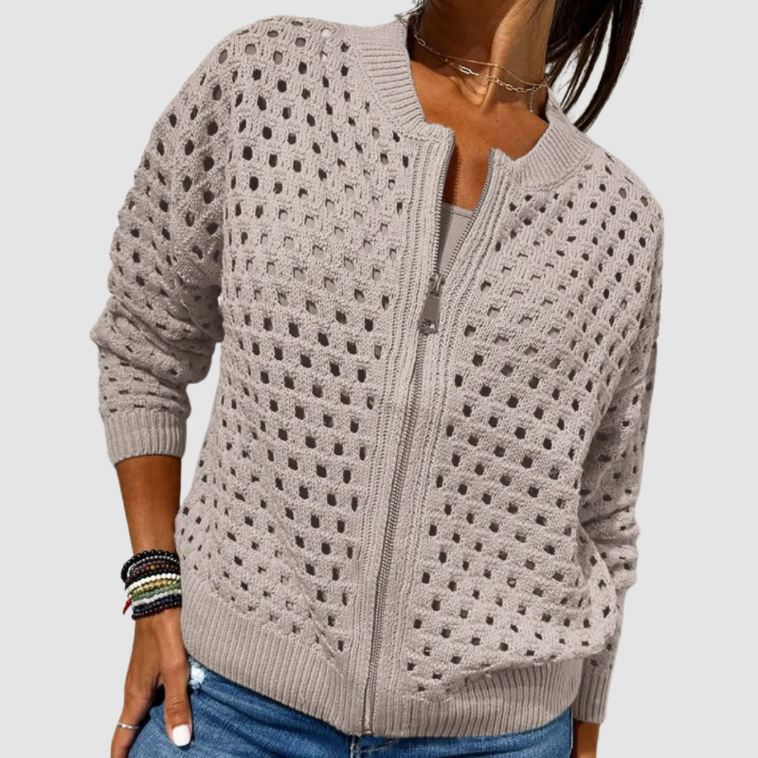 Jill | Open-Knit Zip-Up Cardigan With Ribbed Trim