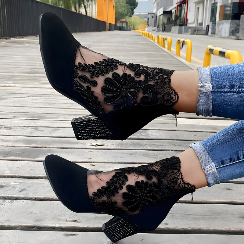 Tessa | Block-Heel Ankle Booties With Lace Cuff