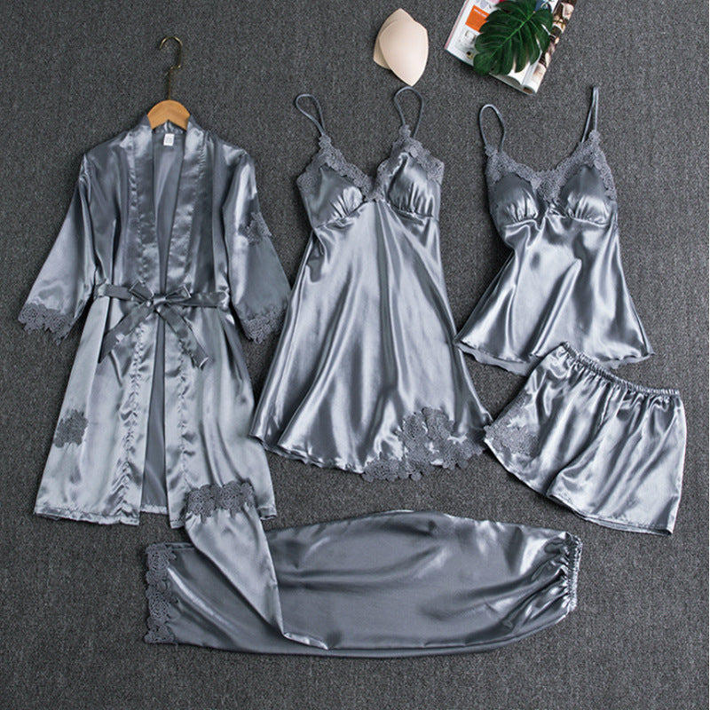 Heather | 5-Piece Satin Pajama Set With Lace