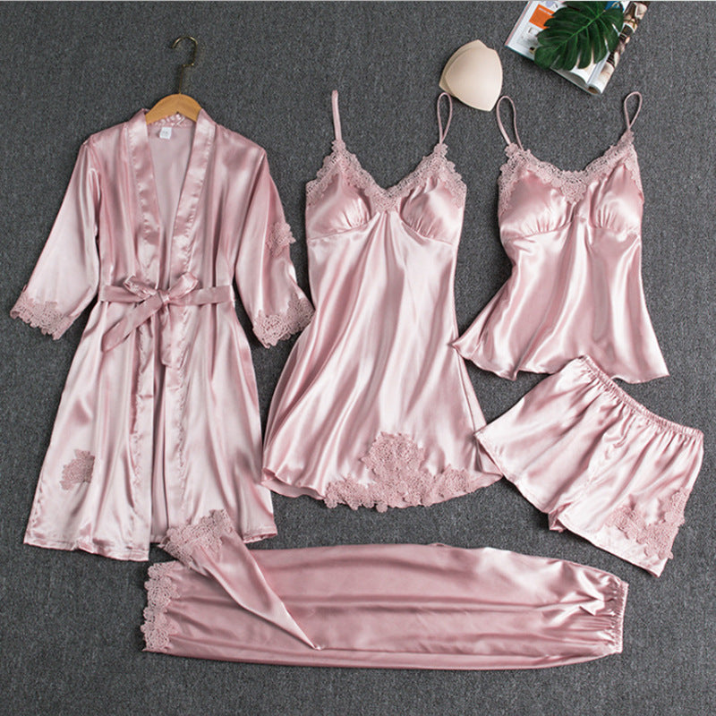 Heather | 5-Piece Satin Pajama Set With Lace