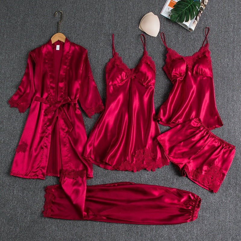 Heather | 5-Piece Satin Pajama Set With Lace