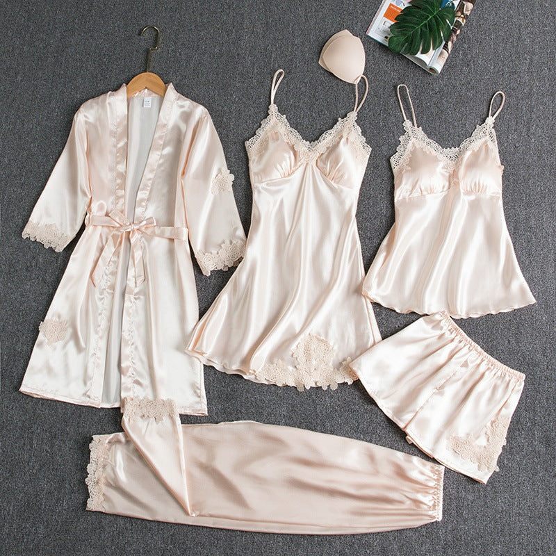 Heather | 5-Piece Satin Pajama Set With Lace