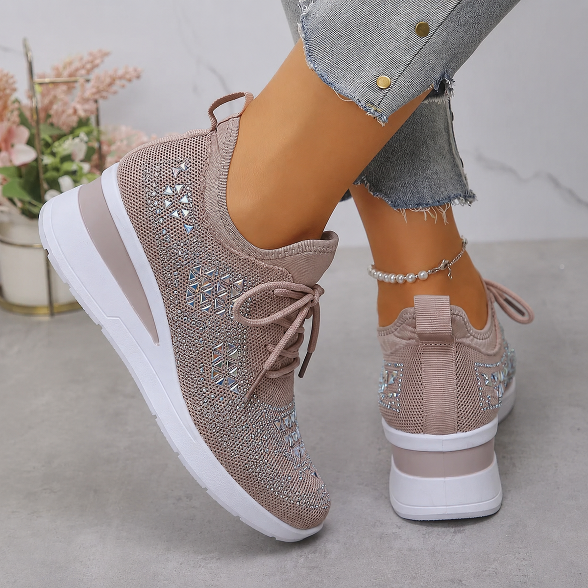 Lucia | Sparkle Wedge Sneakers With Lace-Up Front