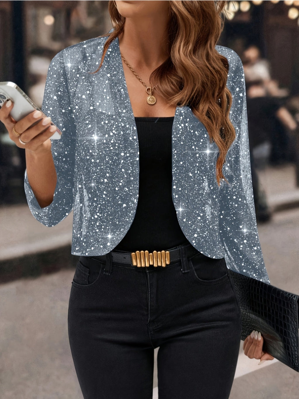 Aubrey | Shimmer Cropped Jacket With Open Front