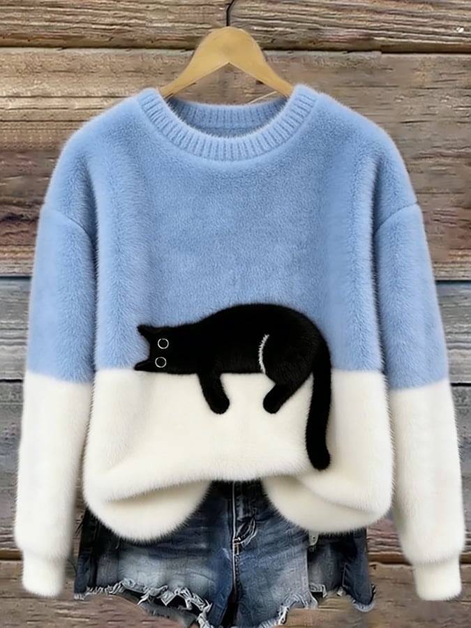 Darcy | Color-Block Sweater With Cat Motif