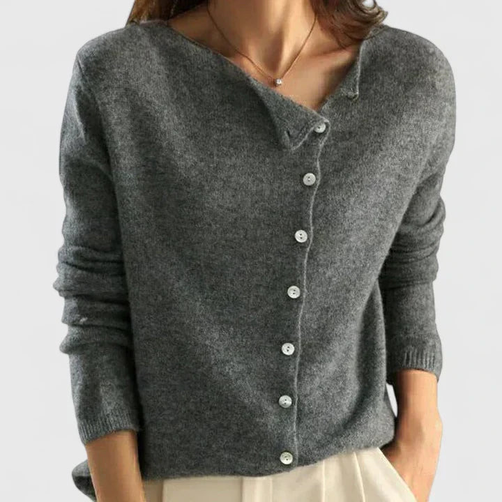 Irene | Round Neck Cardigan With Offset Button Placket