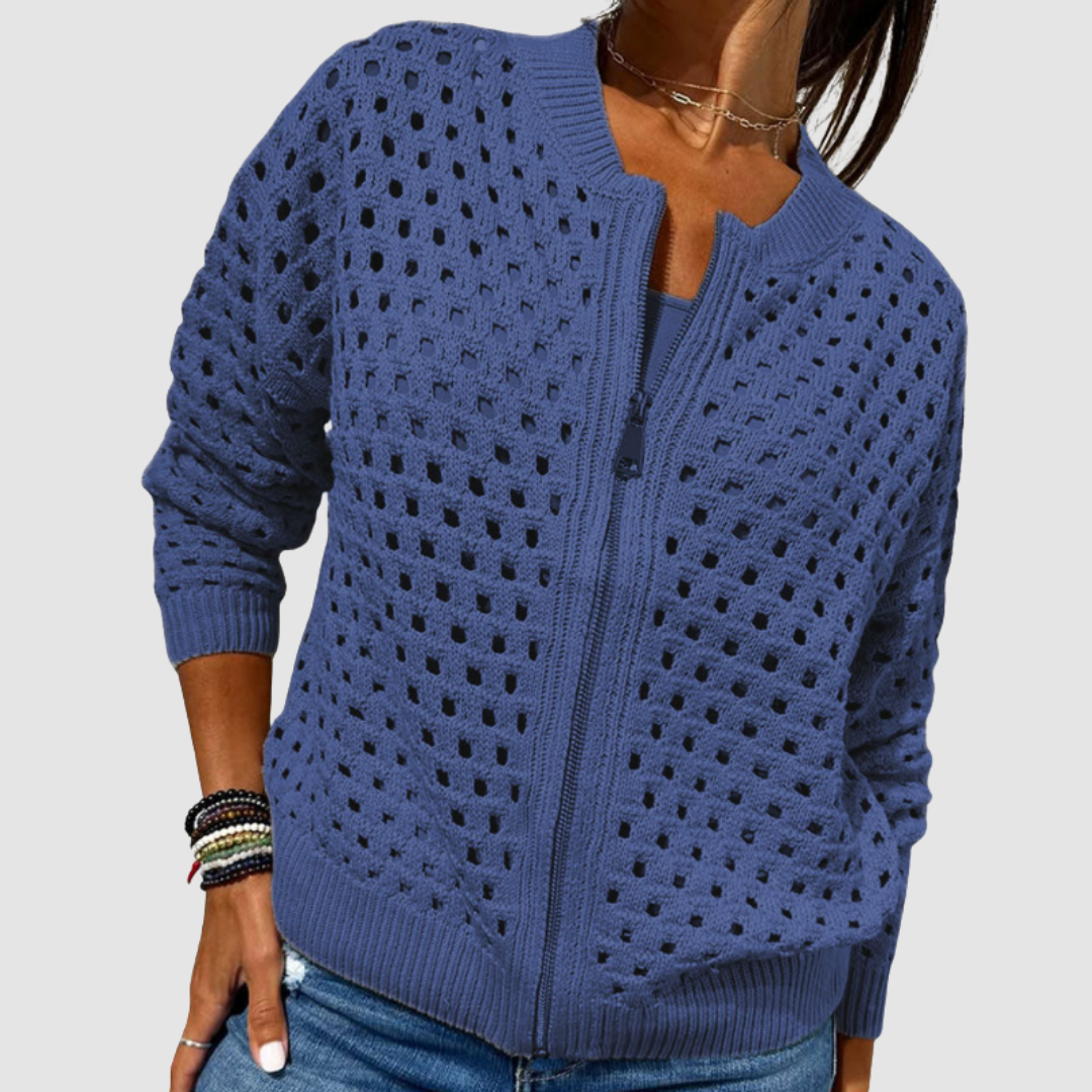 Jill | Open-Knit Zip-Up Cardigan With Ribbed Trim