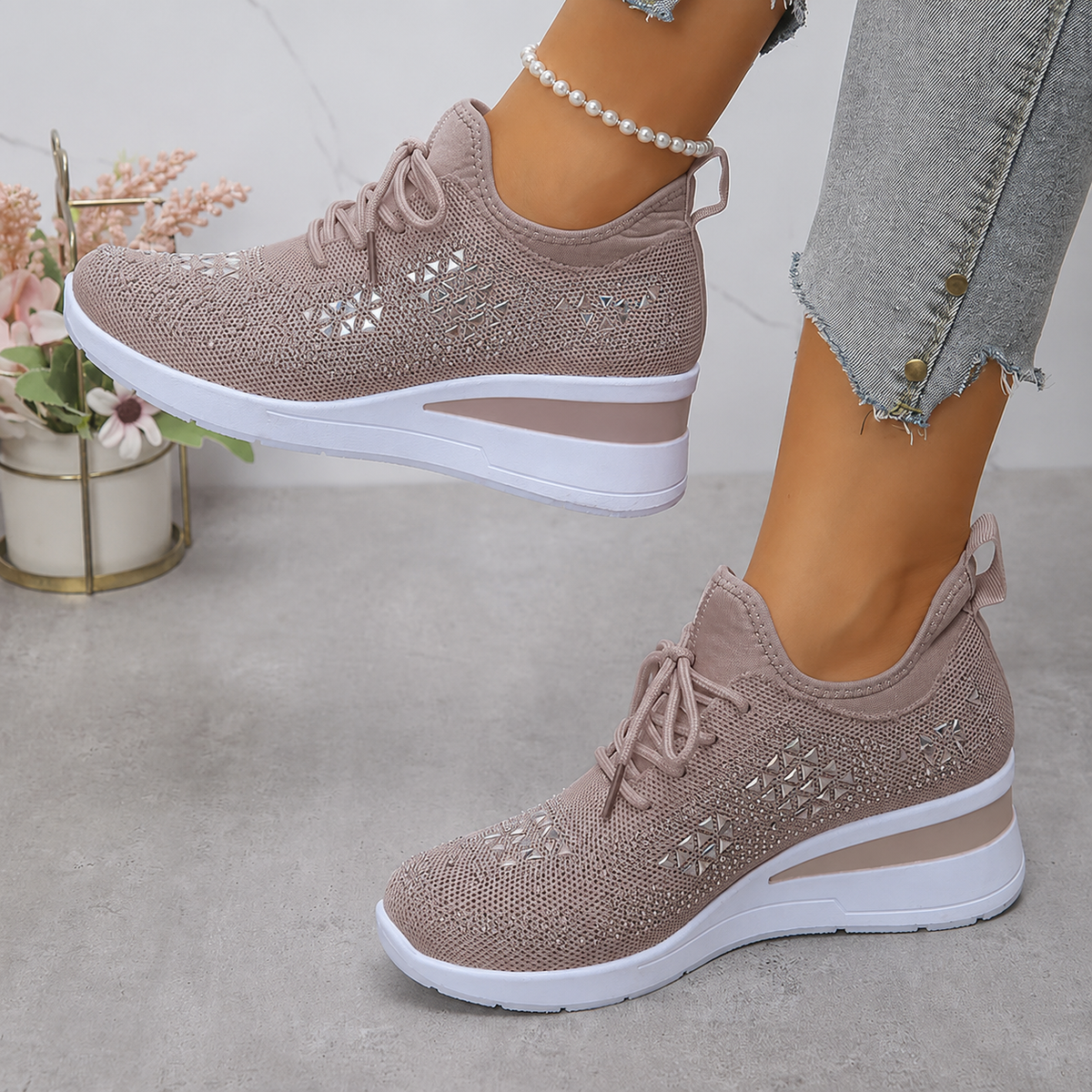 Lucia | Sparkle Wedge Sneakers With Lace-Up Front