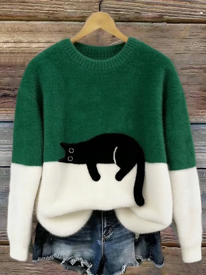 Darcy | Color-Block Sweater With Cat Motif
