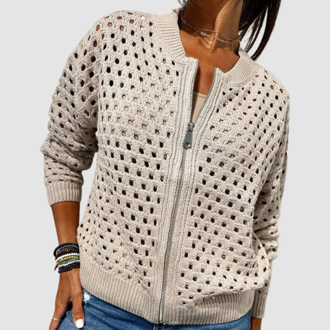 Jill | Open-Knit Zip-Up Cardigan With Ribbed Trim