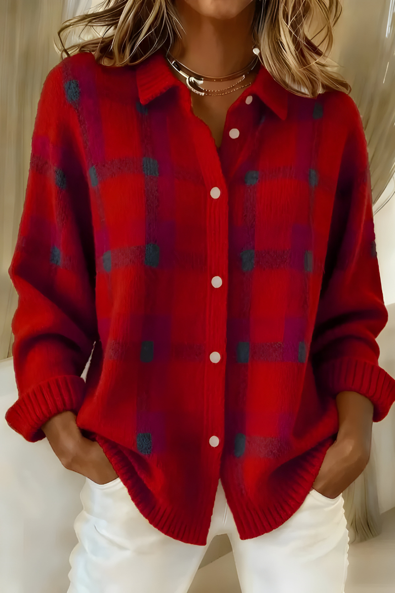 Lucille | Checked Knit Cardigan With Shirt Collar
