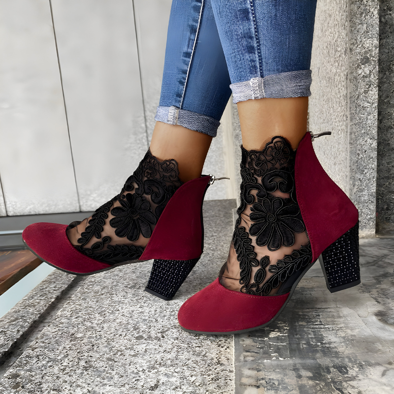 Tessa | Block-Heel Ankle Booties With Lace Cuff