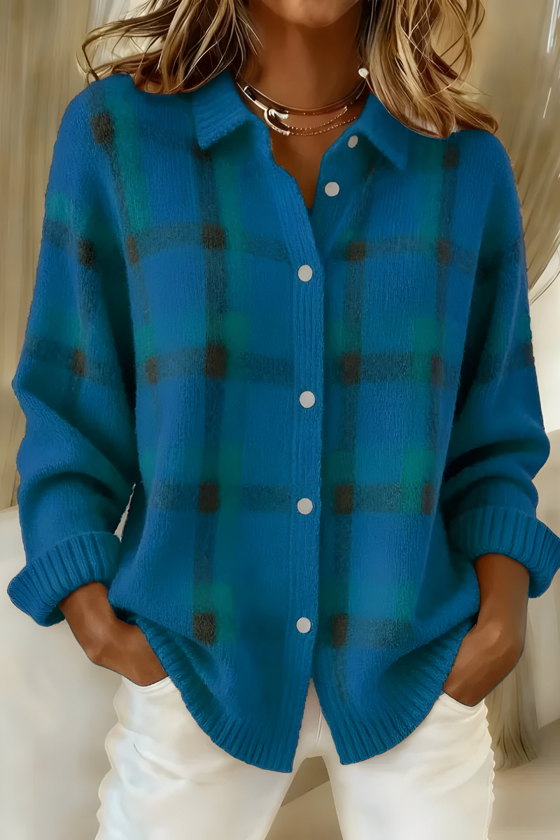 Lucille | Checked Knit Cardigan With Shirt Collar