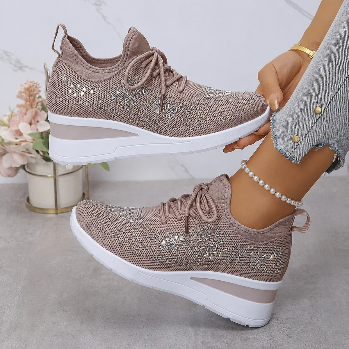 Lucia | Sparkle Wedge Sneakers With Lace-Up Front