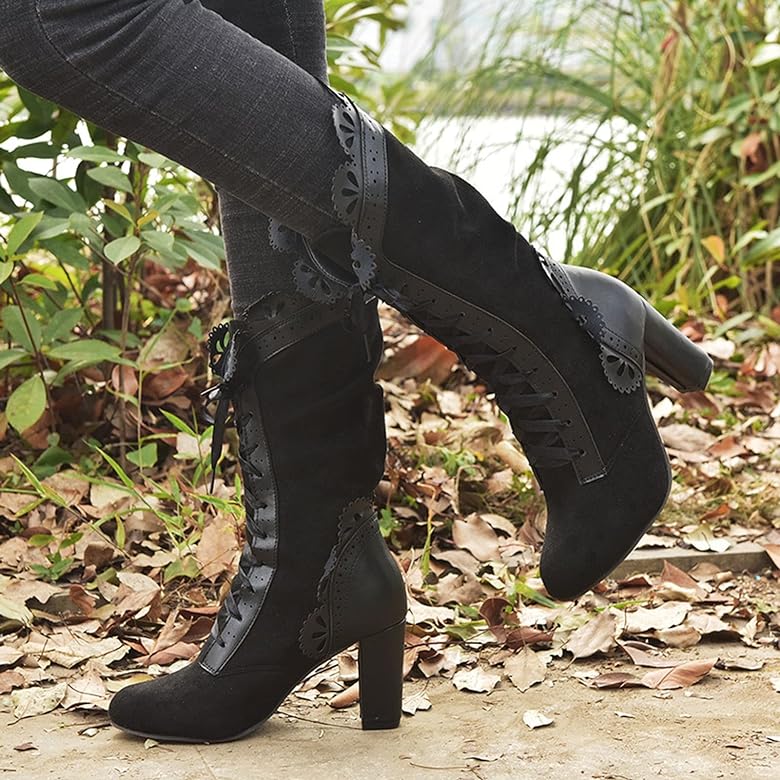 Greta | Lace-Up Block Heel Boots With Ruffle Trim