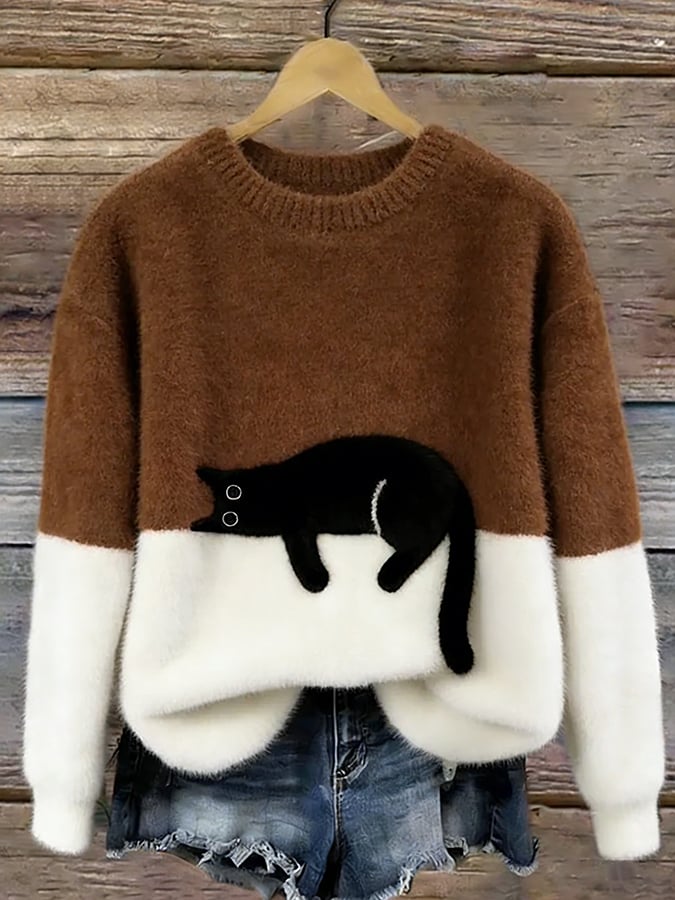 Darcy | Color-Block Sweater With Cat Motif