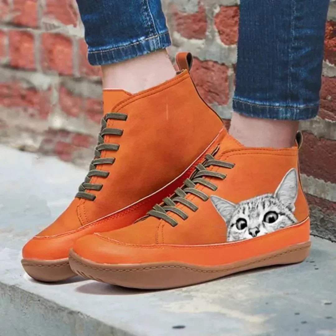 Tamsin | Lace-Up Ankle Boots With Cat Print