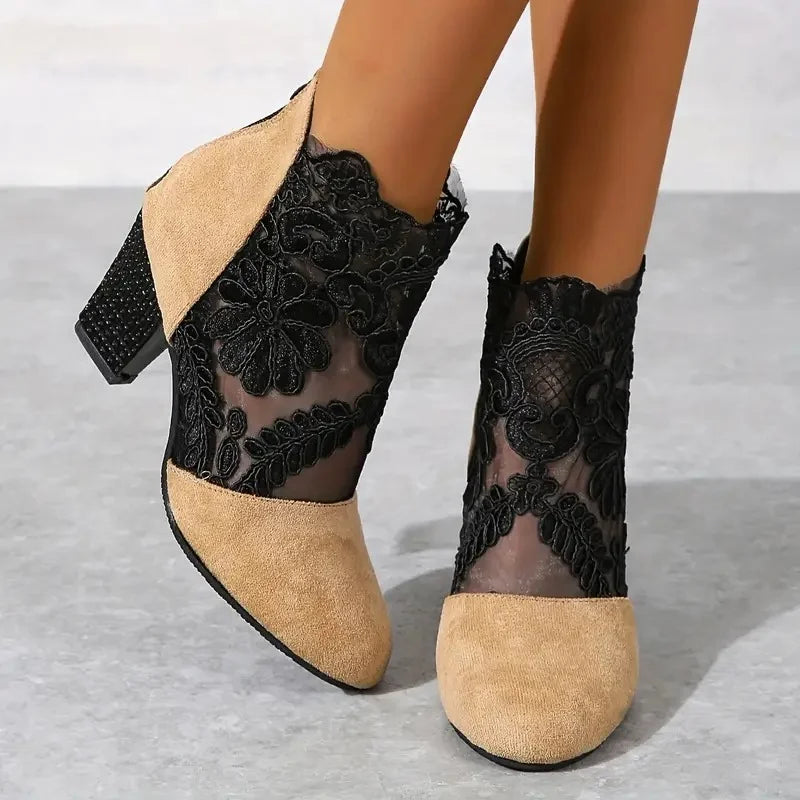 Tessa | Block-Heel Ankle Booties With Lace Cuff