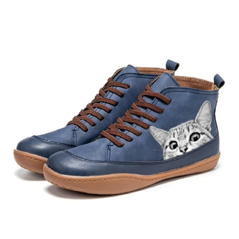 Tamsin | Lace-Up Ankle Boots With Cat Print