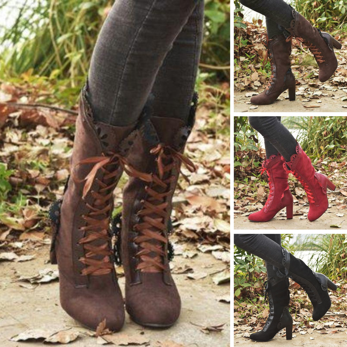 Greta | Lace-Up Block Heel Boots With Ruffle Trim