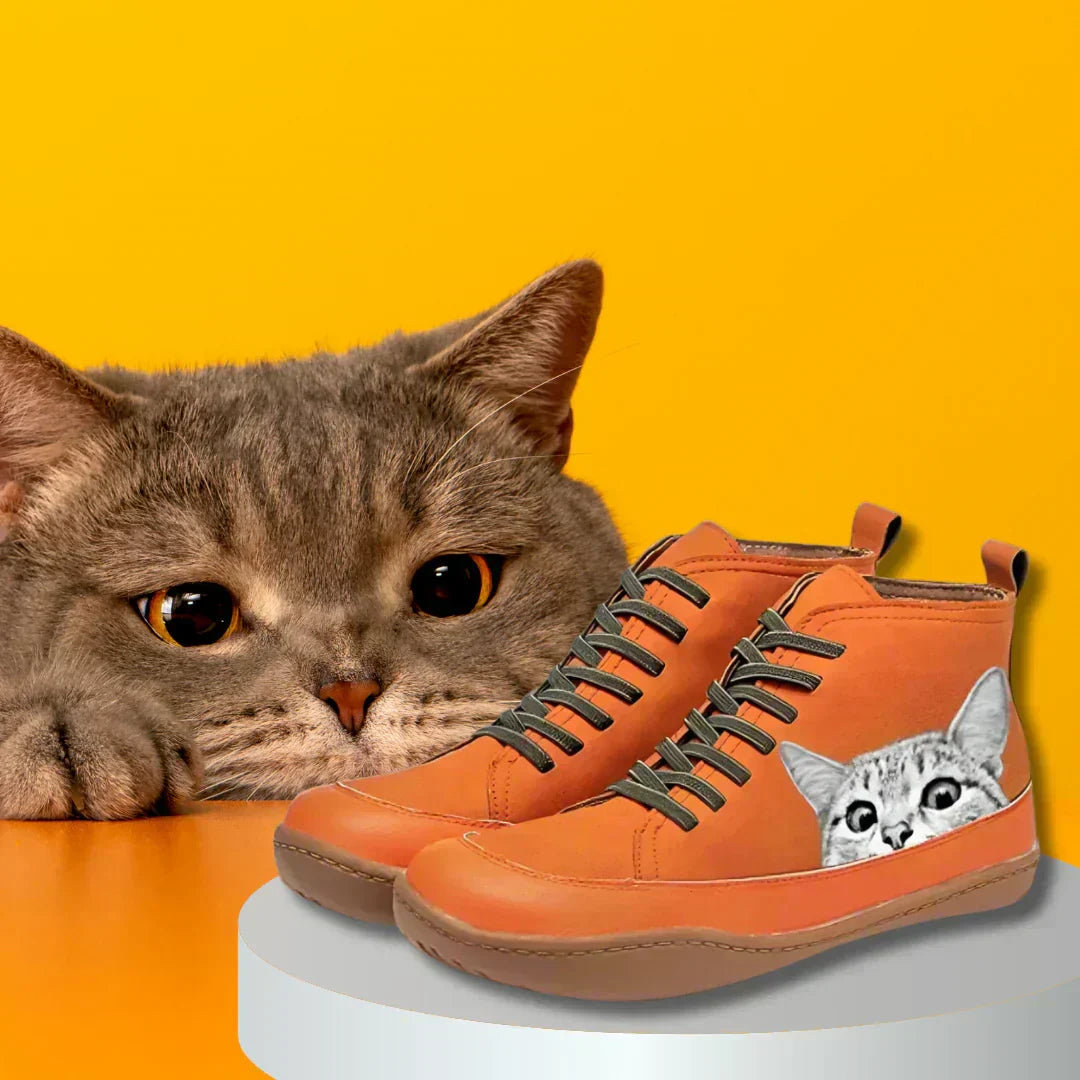 Tamsin | Lace-Up Ankle Boots With Cat Print