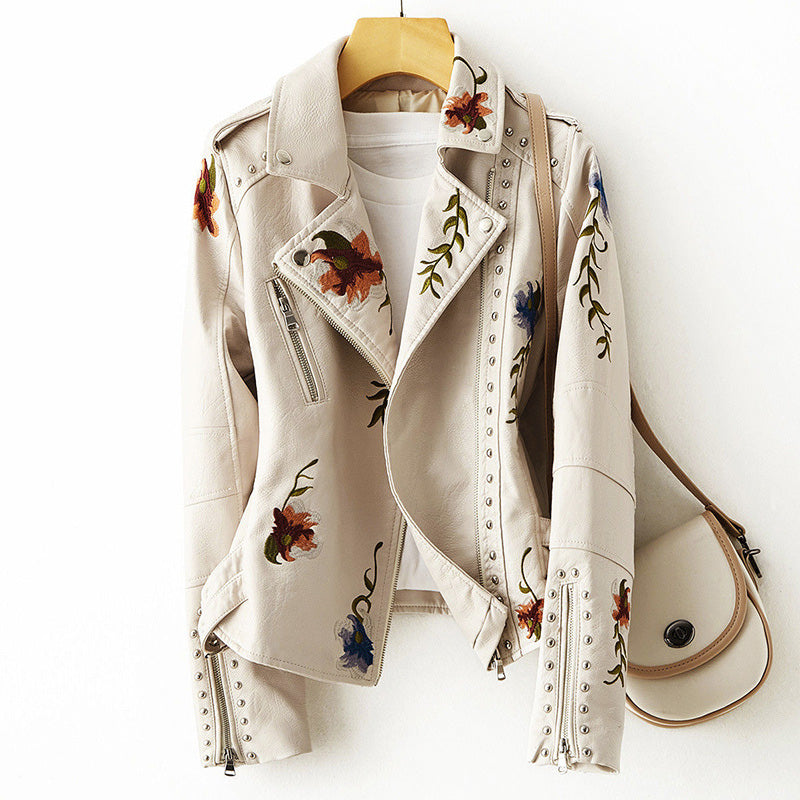 Ettie | Embroidered Faux Leather Moto Jacket With Studs